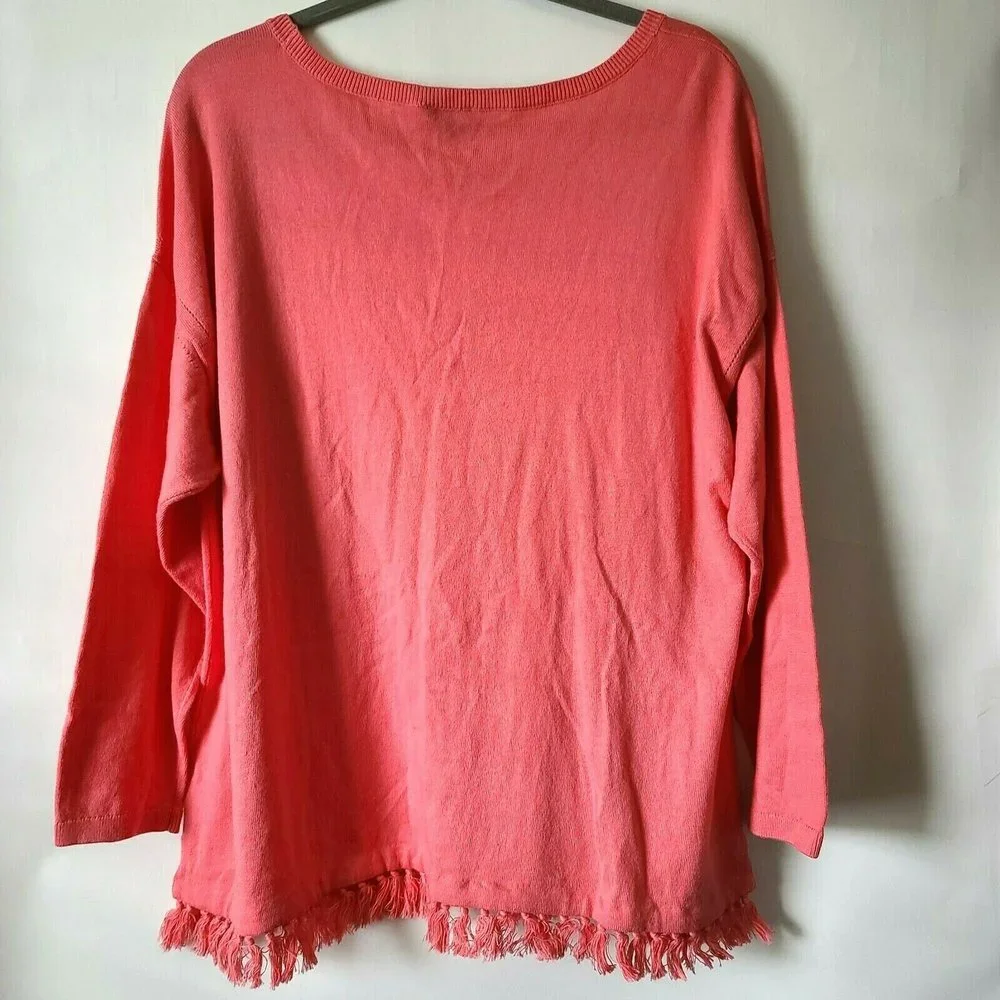 Talbots Long Sleeve Scoop Neck Sweater Top Size 2XP Pink Fringe Hem Slit NWT